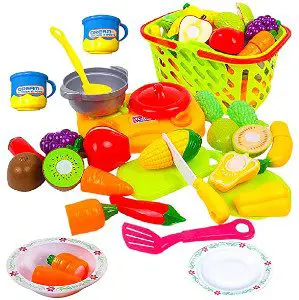 Funerica Cuttable Play Fruits and Veggies with Grocery Shopping Basket, Mini Cooking Top, Pot, Dishes and Utensils