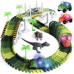 Lydaz Dinosaur Race Track with a Building Road and LED Cars